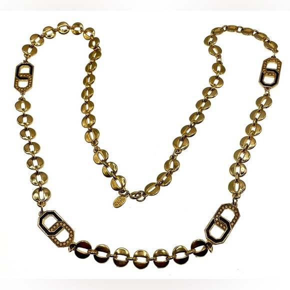 Vintage 1980s Signed DVF Gold Tone & Enamel Linked Necklace Swarovski Crystals - Picture 2 of 7